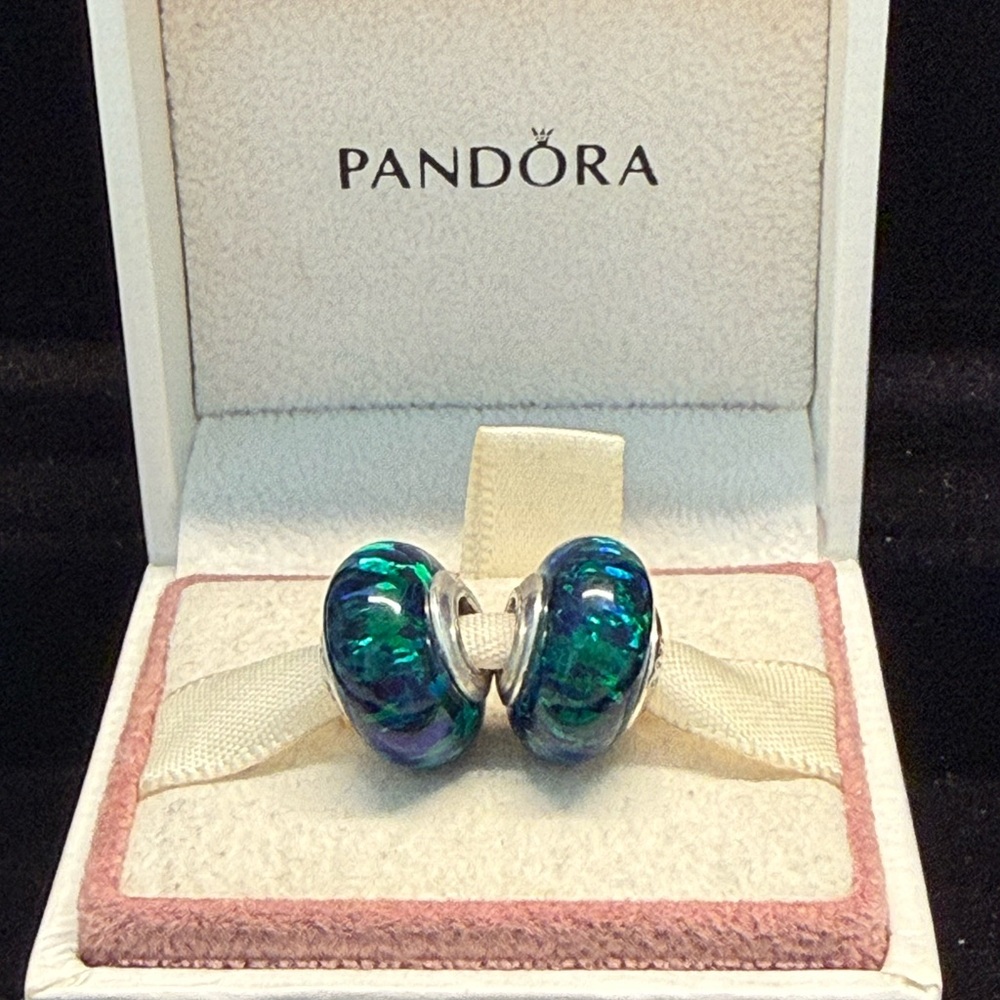 2 Pandora Opalescent Green Charm